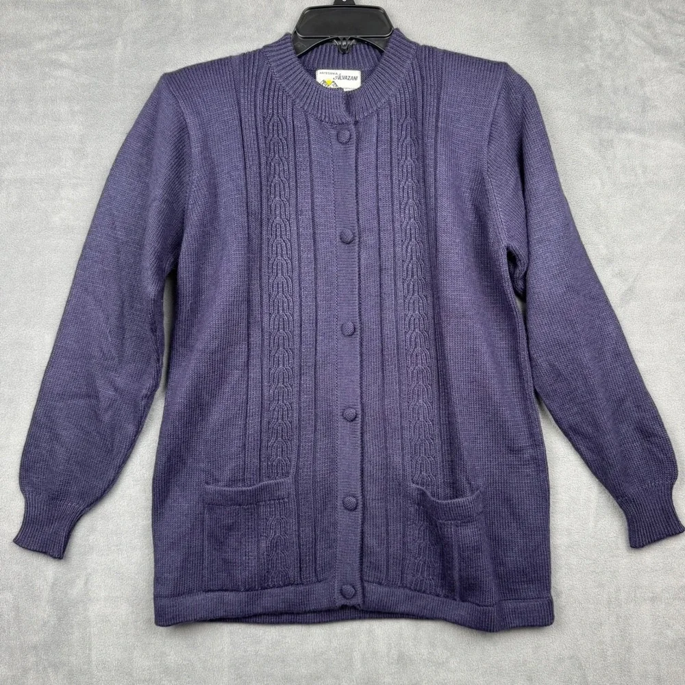 Artesania Alvazani Women's Knit Cardigan Purple‎ Cable Knit Pockets Button Front